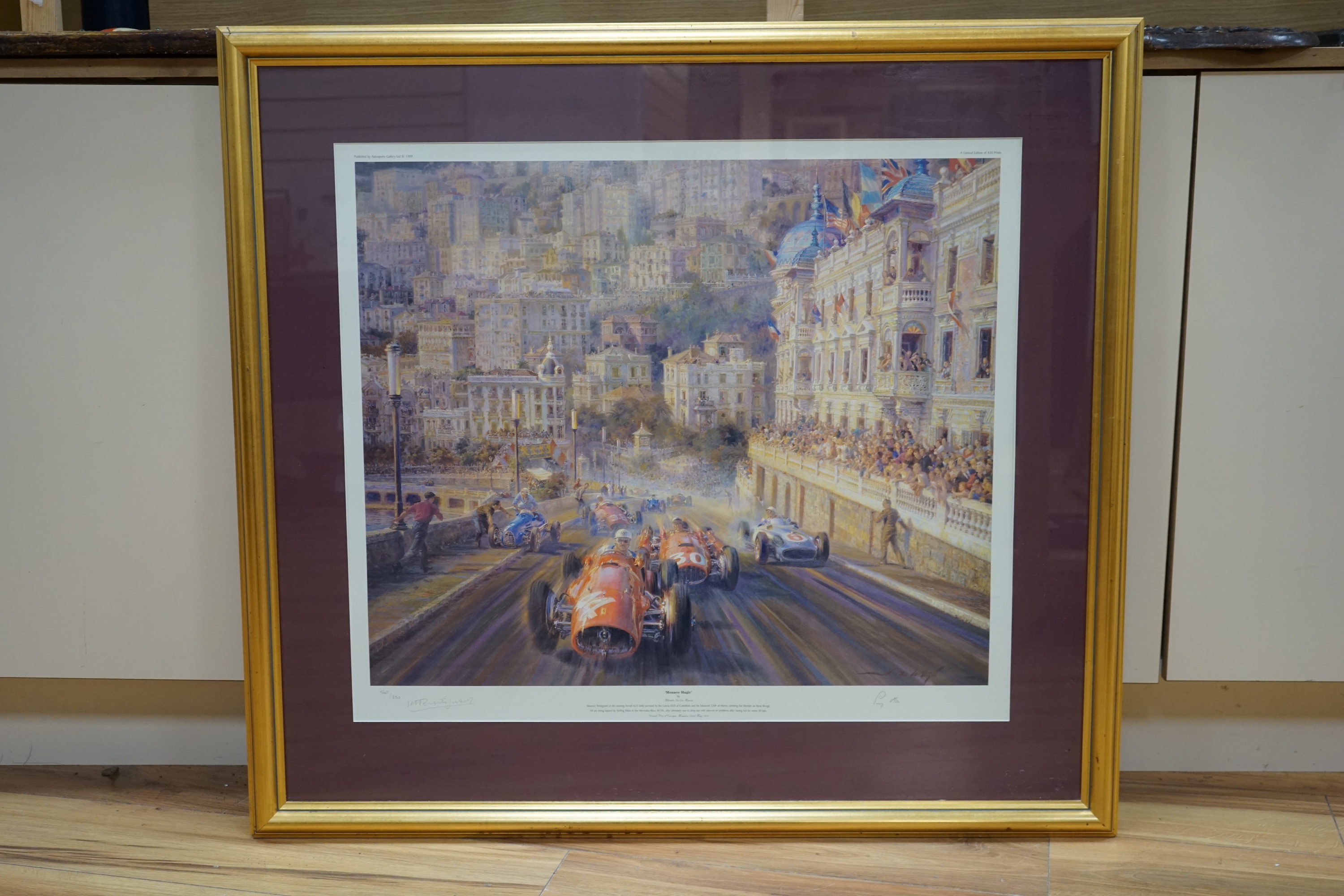 After Alfredo De La Maria (Uruguayan, b.1945), colour print, 'Monaco Magic', limited edition 567/850, signed in pencil by Sir Stirling Moss and Maurice Trintignant, c.o.a. verso, 61 x 69cm. Condition - good